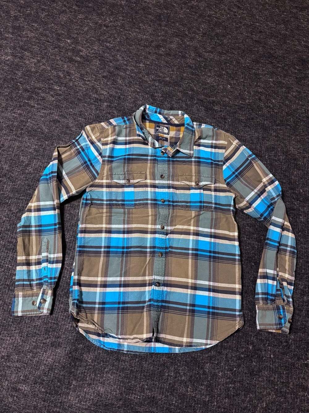 The North Face Plaid Long Sleeve Button Up Shirt Mens Size Medium Blue Brown